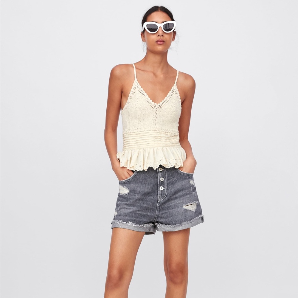 Zara Ripped Denim Shorts with Turn-Up Hems US 2